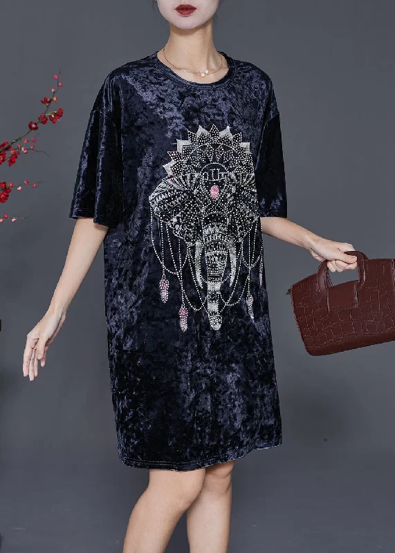 Trendsetter's Closet French Navy Oversized Elephant Silk Velour Dress Half Sleeve