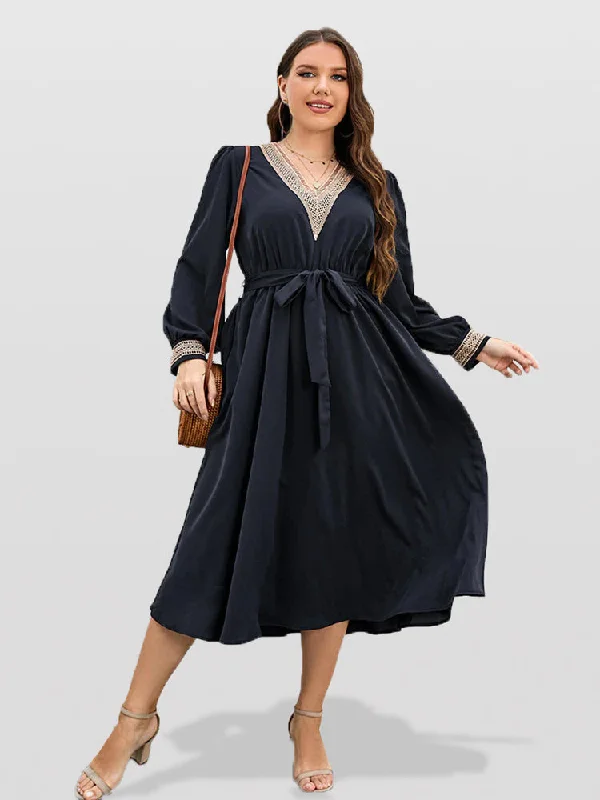 Casual Wear Plus Blue Eyelet Lace Belted Midi Dress