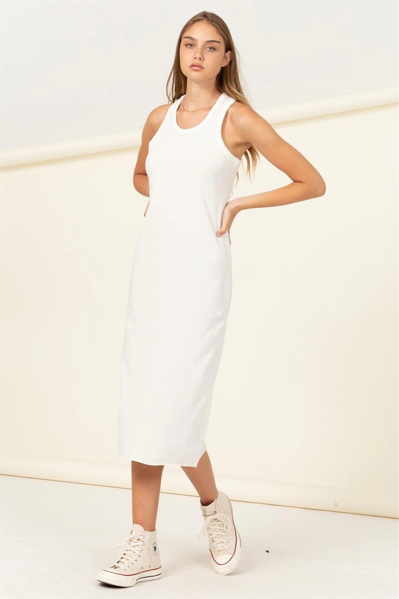 Casual Women's Clothing Online Cotton Tank Round Neck Sleeveless Midi Dress