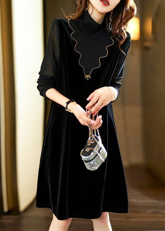 Exclusive Discounts Classy Black Nail Bead Patchwork False Two Pieces Silk Velour Dress Spring