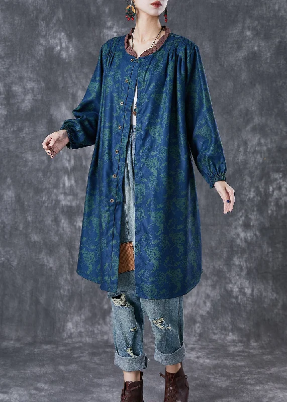 Clothing Store Art Green Ruffled Print Linen Shirt Dresses Fall