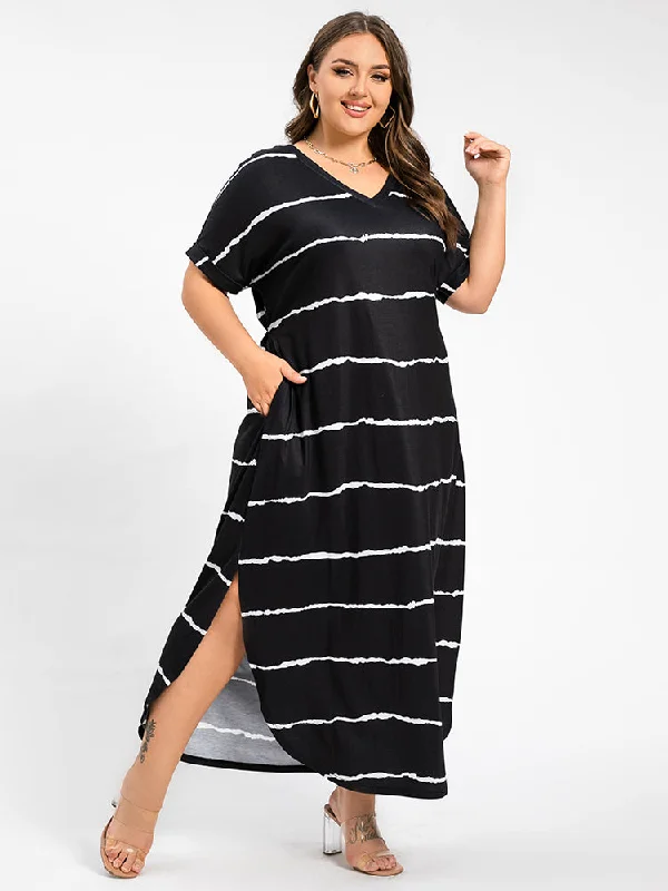 Trendy Boutique Online Plus Striped V-Neck Cuffed Sleeve Slit Pocket Maxi Dress