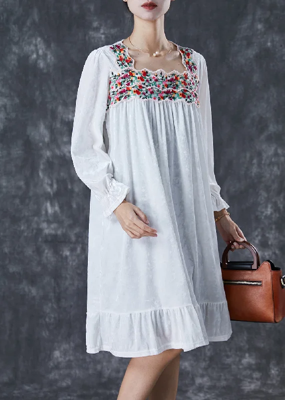 New Arrival Discount Handmade White Embroidered Silk Velour Holiday Dress Fall