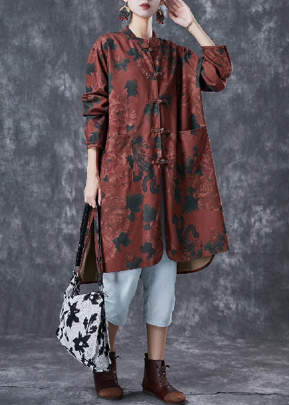 Seasonal Sale Dull Red Floral Print Linen Chinese Style Shirt Dress Fall