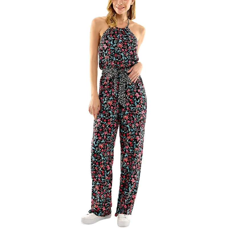 Style Your Wardrobe Kingston Grey Womens Juniors Floral Print Crinkled Jumpsuit