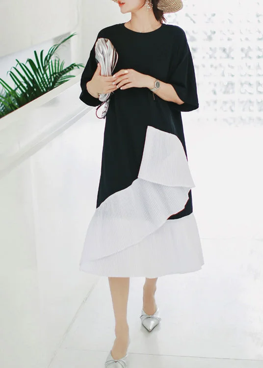 Chic And Trendy Natural black Cotton Long Shirts Sweets Photography patchwork asymmetric daily Summer Dress