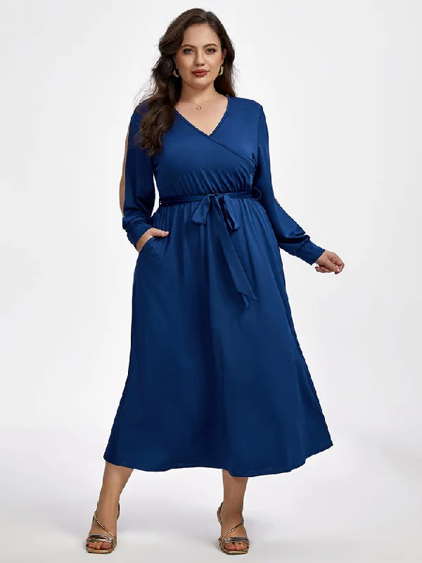 Discount Store Plus Crisscross V-Neck Hollow Out Lantern Sleeve Pocket Tie Front Maxi Dress