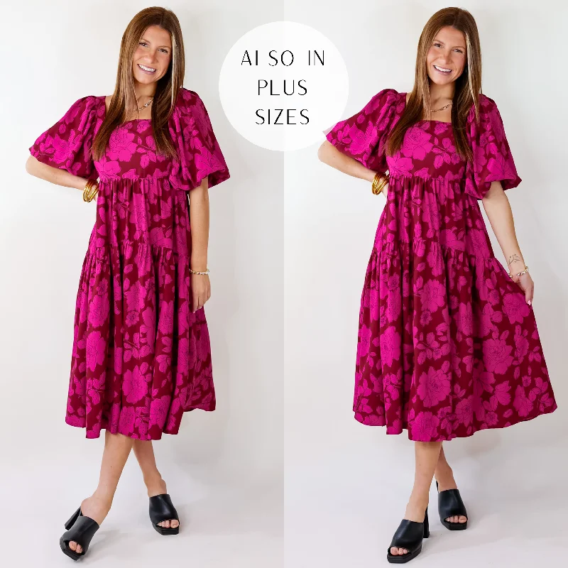 Women's Casual and Dressy Outfits Floral Fascination Tiered Midi Dress In Brick Red and Pink