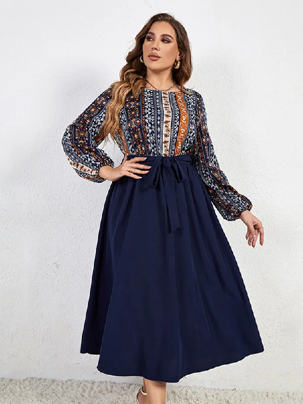 Fashion-forward Women's Clothing Plus Blue Floral Printed Lantern Sleeve Dress