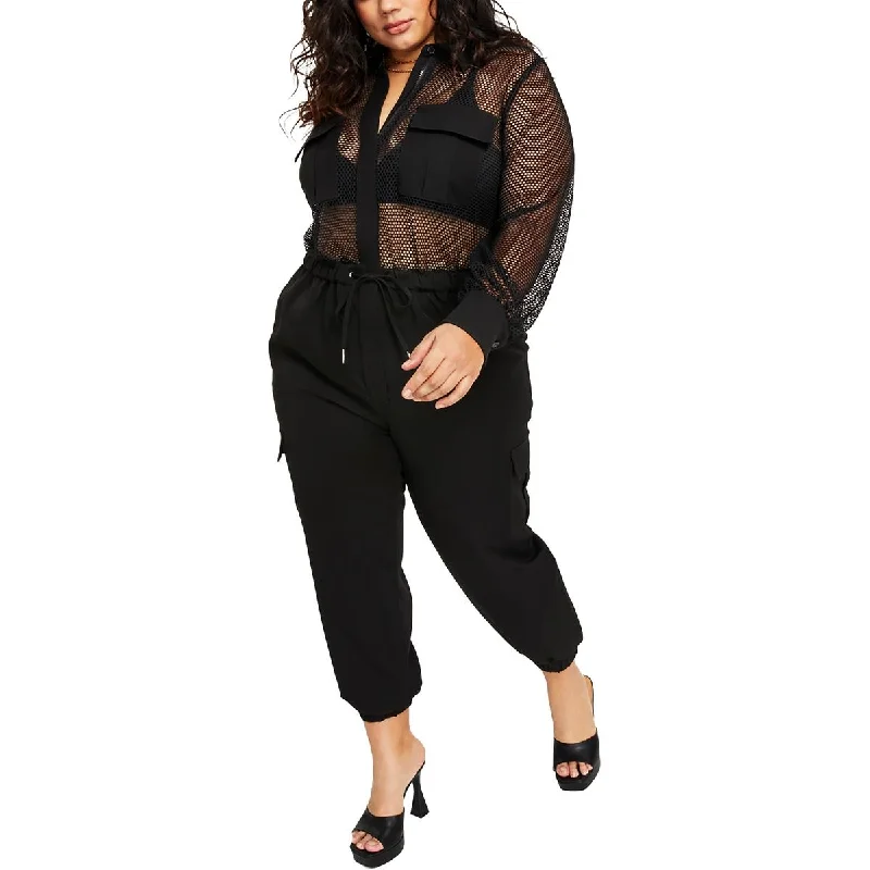 Style Upgrade Nina Parker Womens Plus Mesh Drawstring Hem Jumpsuit