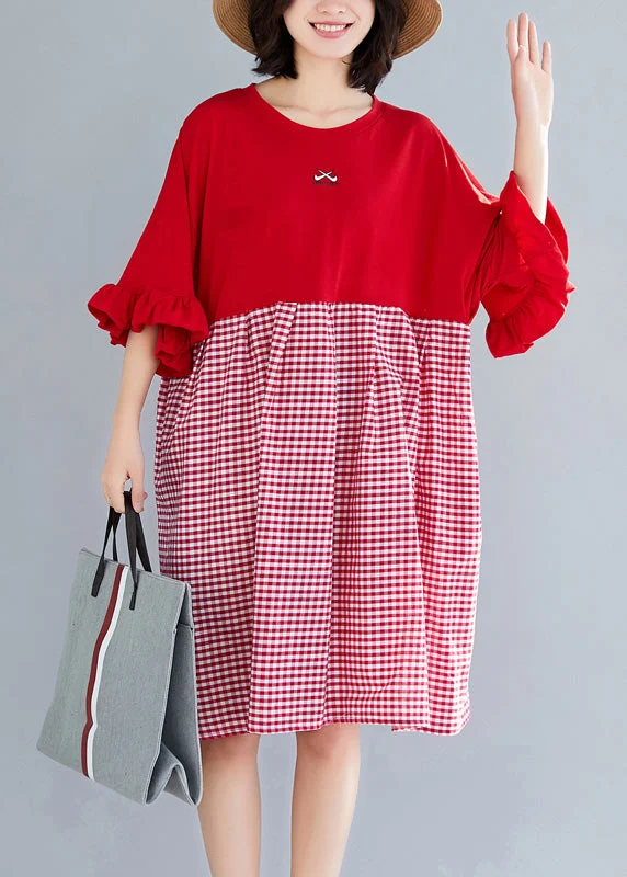 Modern Women's Fashion with Vintage Touches Natural o neck Butterfly Sleeve Cotton clothes Omychic Outfits red Plaid short Dresses Summer