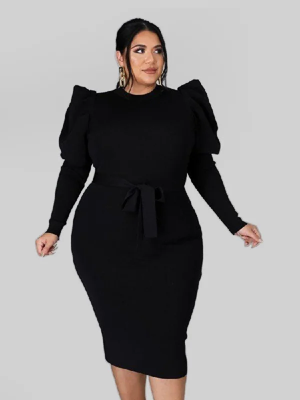 Step Ahead, Lead The Trend Crew Neck Gigot Sleeve Belted Bodycon Dress