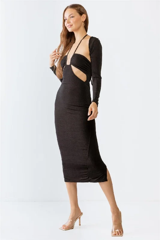 Fashion-forward Women's Clothing Black Cut-Out Sleeveless Midi Dress & Open Front Long Sleeve Cover-Up Set /3-2-2