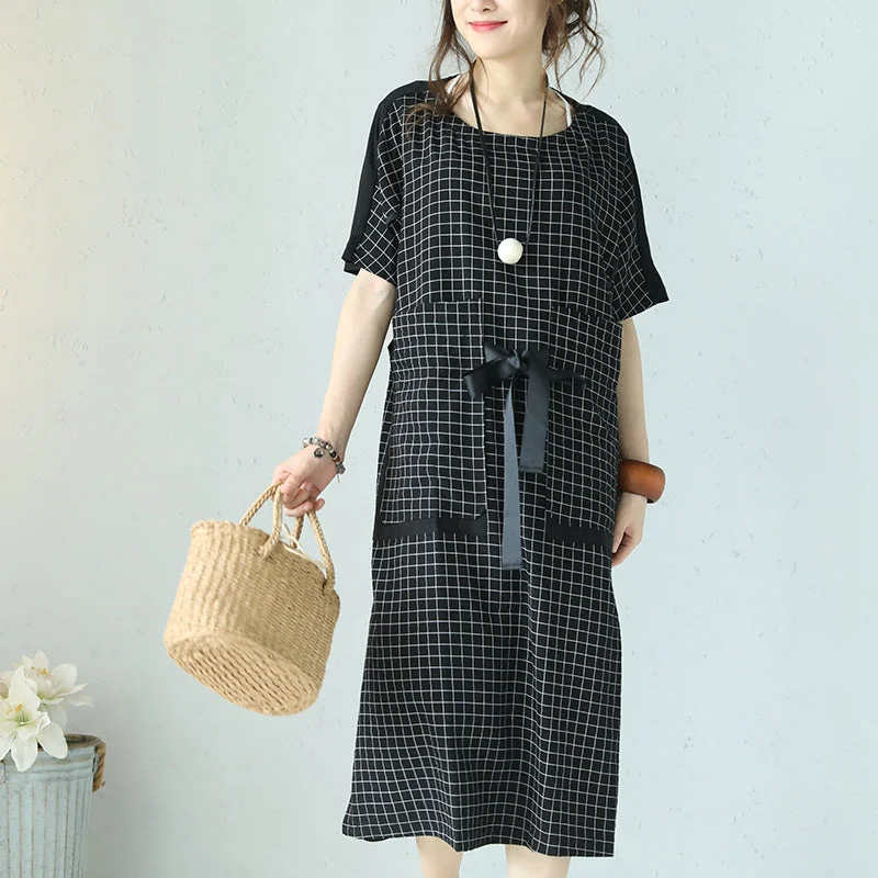 Trendy And Individual Women's Fashion fine black plaid cotton dresses plus size patchwork traveling clothing 2018 tie waist gown