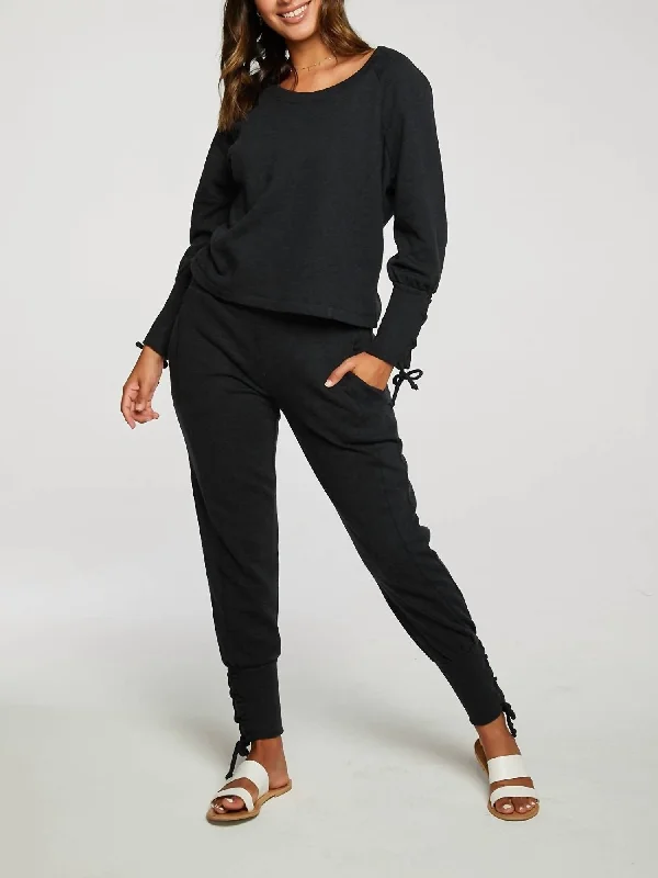 Imeless Style Cashmere Fleece Lace Up Blouson Sleeve Raglan Pullover In True Black