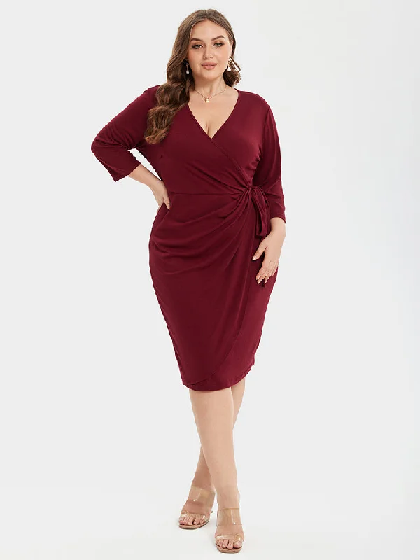 Stay Ahead In Style Crisscross Ruched Knot Side Wrap Midi Dress