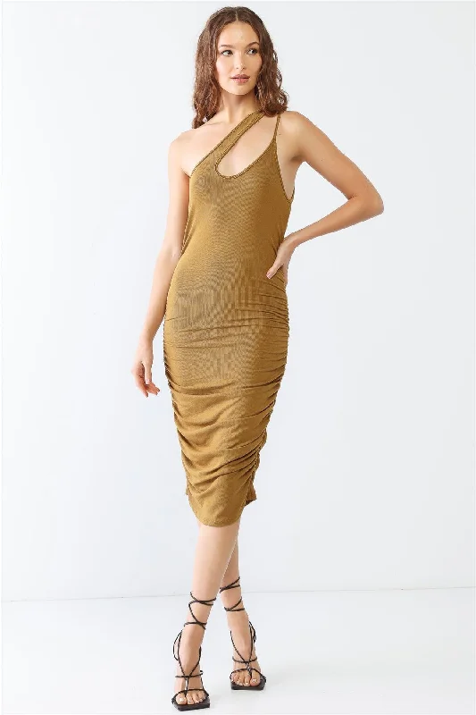 Unleash Your Trend Driven Style Ribbed Ruched Cut-Out One-Shoulder Midi Dress