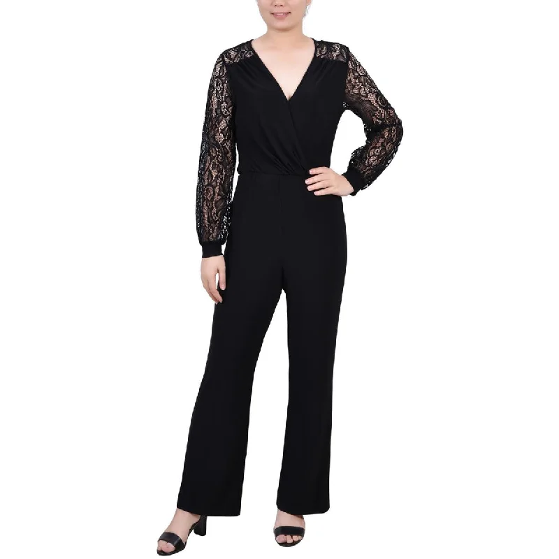 Relaxed Style NY Collection Womens Petites Surplice Lace Trim Jumpsuit