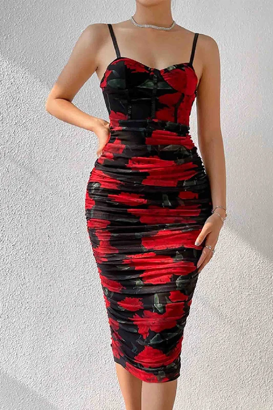 Special Occasion Wear Floral Printed Rushed Bodycon Cami Dress