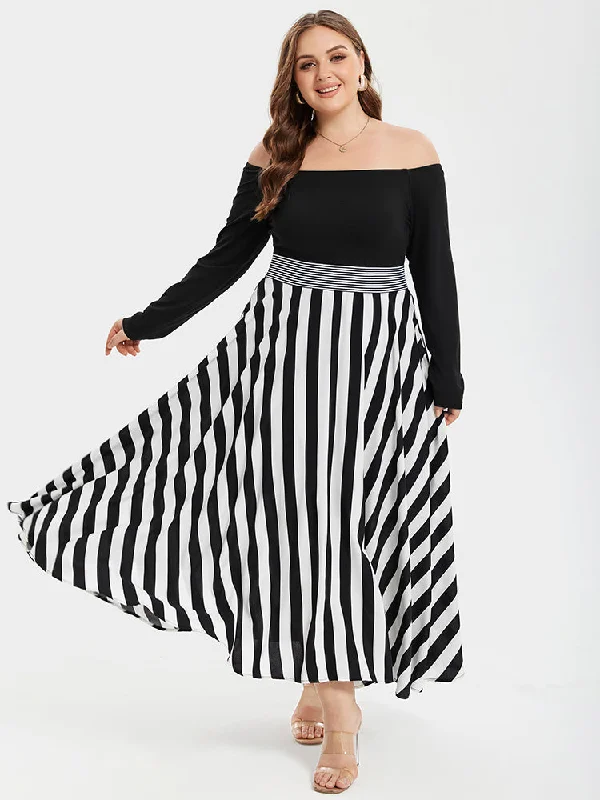 Trendy Styles Striped Print Off Shoulder Elastic Waist High Low Maxi Dress