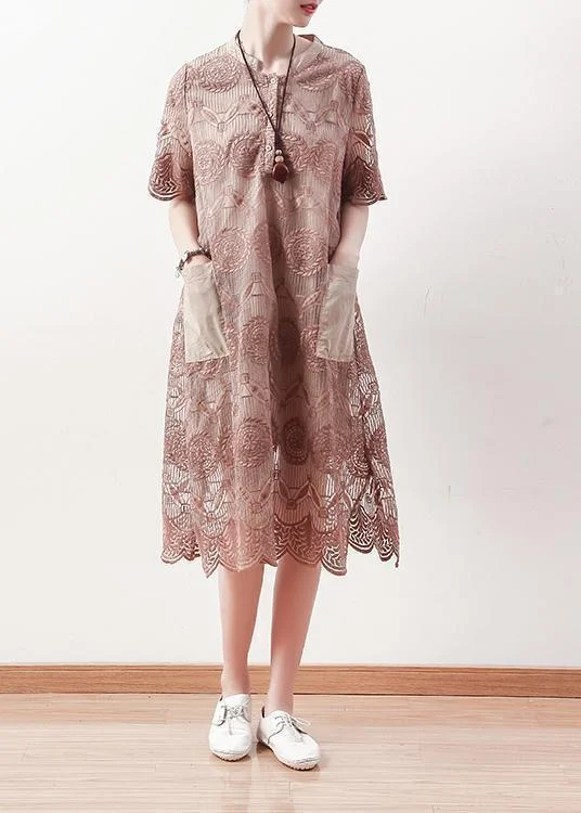 Relaxed Fashion Italian o neck patchwork lace linen tunic pattern Omychic Photography khaki A Line Dress Summer