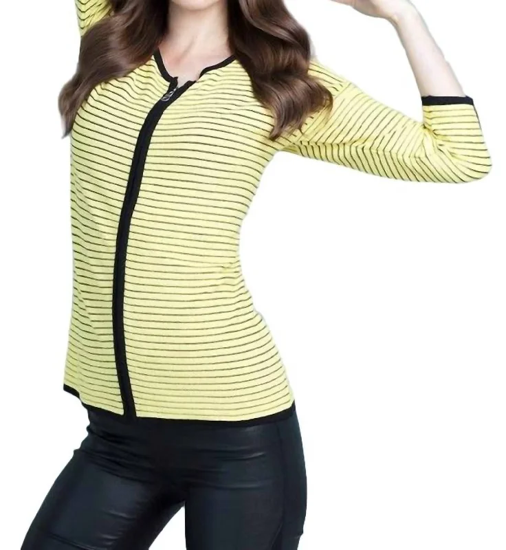 Women's Stylish Outerwear Zip-Front Striped Cardigan In Yellow