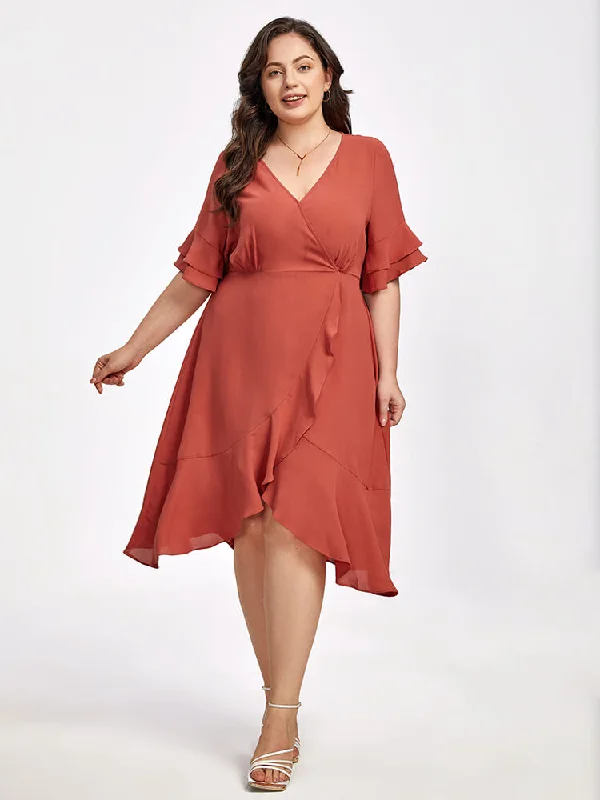 Trendy Women's Apparel Plus Batwing Sleeve V-Neck Knot Side Wrap Midi Dress