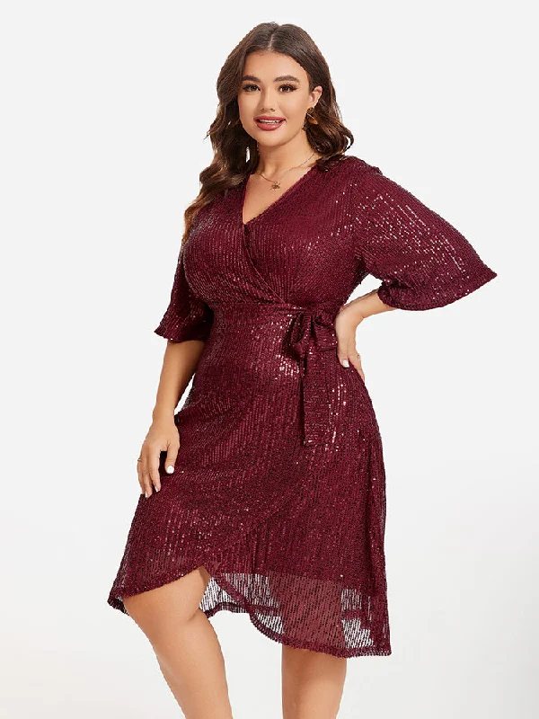 Trendy Women's Apparel V-Neck Belted Tulip Hem Sequin Midi Dress