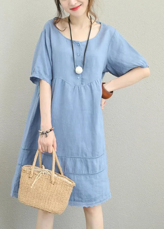 The Latest Fashion Trends stylish light blue linen shift dress oversize shirt dress women patchwork lace hollow out linen cotton dress