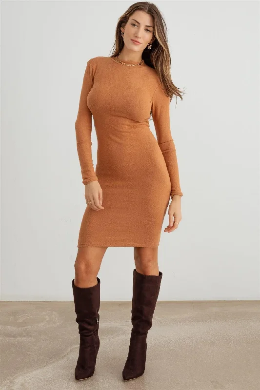 Holiday Discount Knit Crew Neck Long Sleeve Stretchy Midi Dress