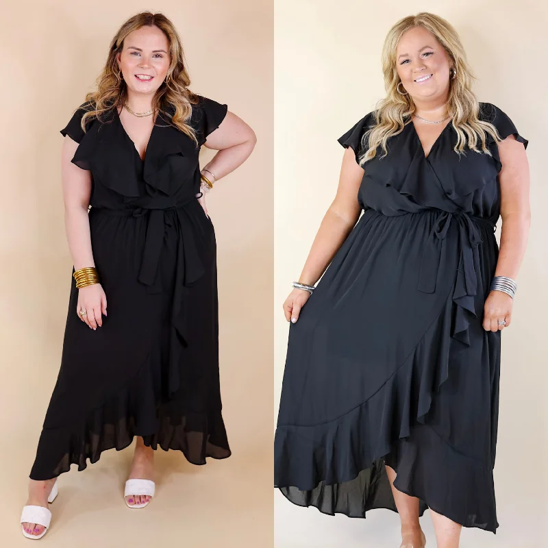 Online Boutiques Clothing Tranquil Touch Ruffle Midi Dress with Waist Tie in Black