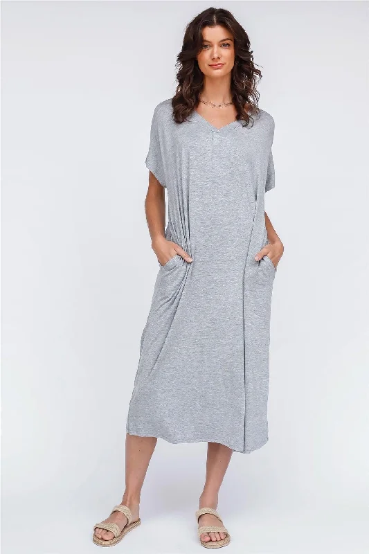 Travel Essentials Heather Grey V-Neck Short Sleeve Midi Dress