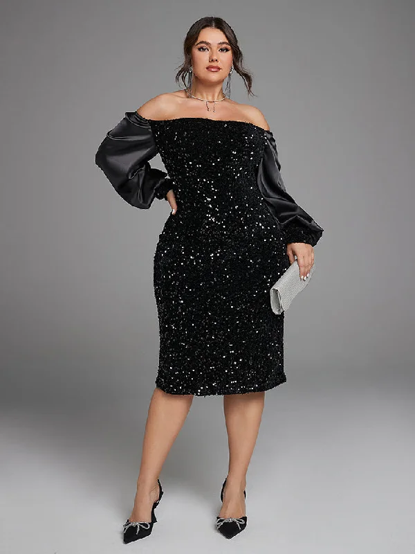 Clearance Sale Online Off Shoulder Lantern Sleeve Split Sequin Dress