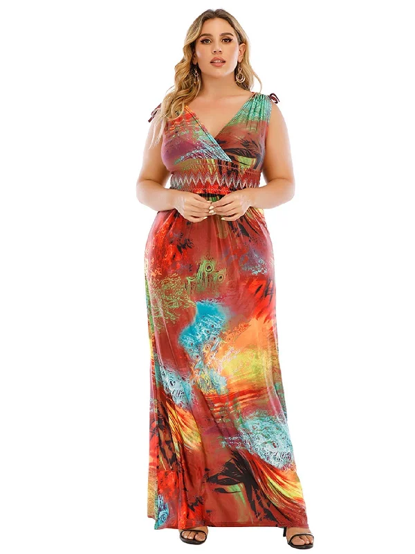 Women's Clothing for Every Season and Trend KittenAlarm - Plus Size M-6XL Surplice Front Elastic Waist Multicolor Fantastic Maxi Dress