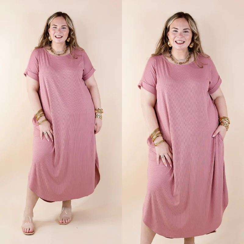 Best Boutiques Online Last Chance Size Small & XL | Chill Looks Short Sleeve Ribbed Midi Dress in Mauve