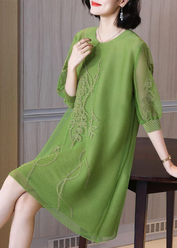 Buy More, Save More Vogue Green O-Neck Embroidered Holiday Tulle Mid Dress Fall