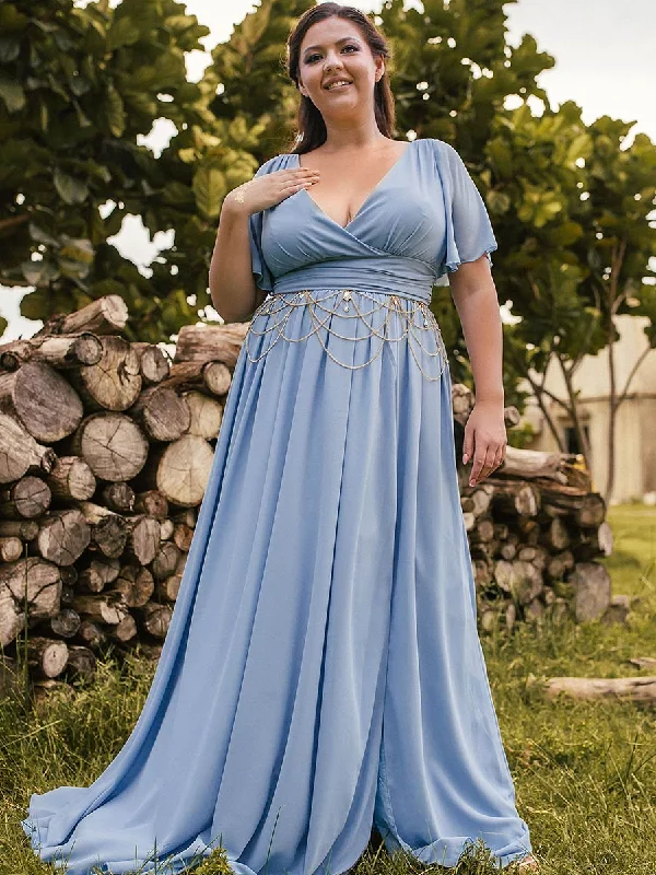 Quality Wear 2025 Steel Blue Bridesmaid Dresses Plus Size Flutter Sleeve V Neck