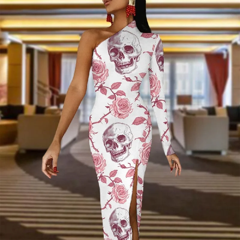 Vintage Style Clothing Sale Women's Pink Roses Skulls Half Sleeve Slit Dress