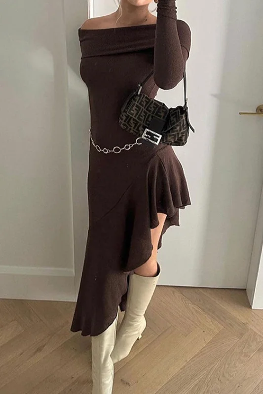 Unleash Your Fashion Off Shoulder Irregular Ruffle Hem Knit Dress