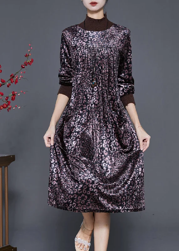 Best Online Clothing Boutiques Women Dull Purple High Neck Print Silk Velour Dress Spring