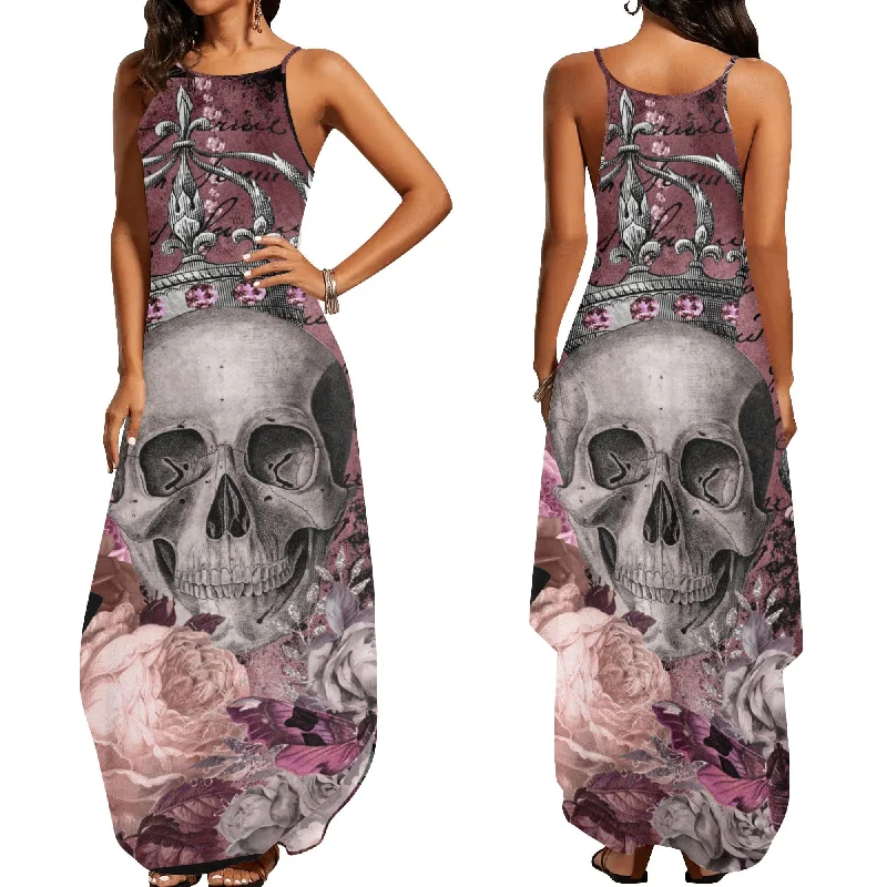 Online Boutiques Clothing Women's Elegant Sleeveless Purple Skull Crown Floral Dress