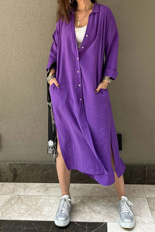 Timeless Classics Solid Color Single-breasted Slit Shirt Dress