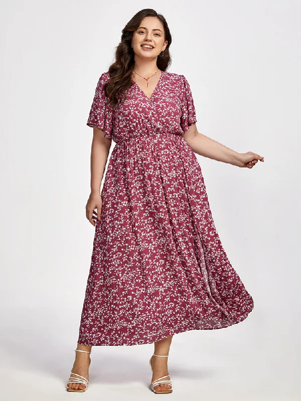 Everyday Wear Plus Floral V-Neck Elastic Waist Pocket Flutter Sleeve Maxi Dress