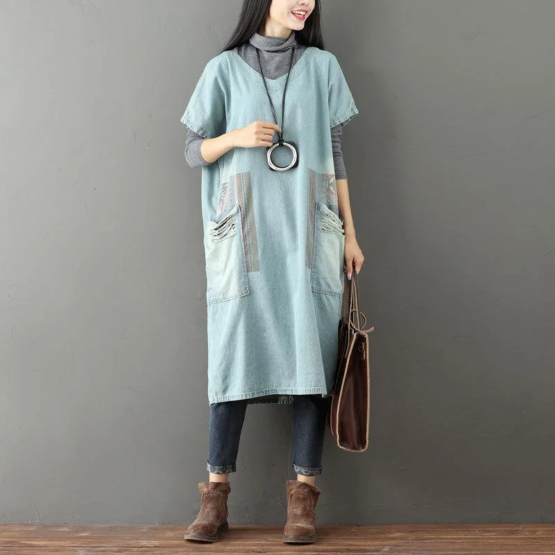 Bid Farewell To The Old Season Color Block Denim T-shirt Dress