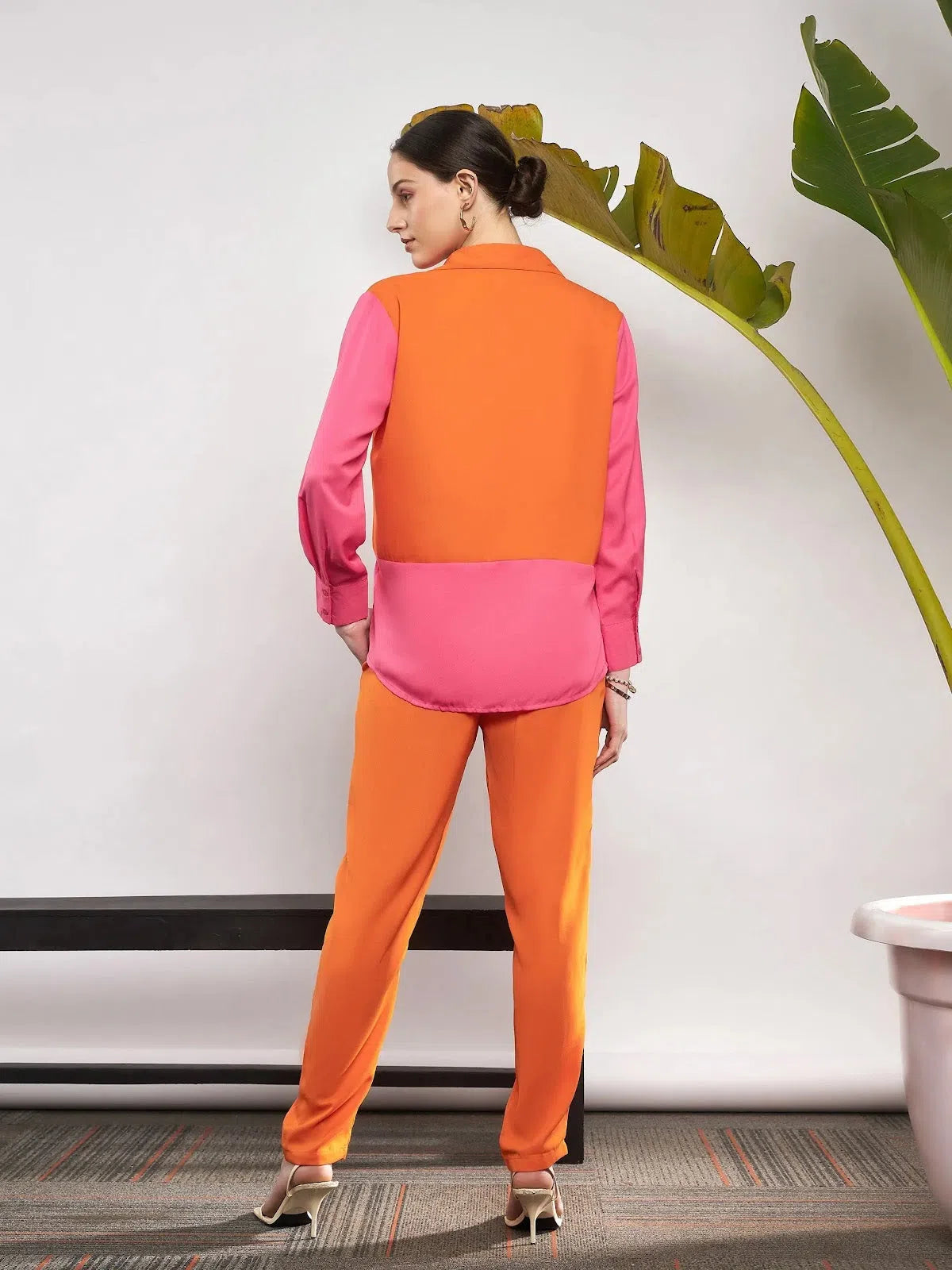 Trend Leading Collection Women Orange & Pink ColorBlock Shirt With Darted Pants