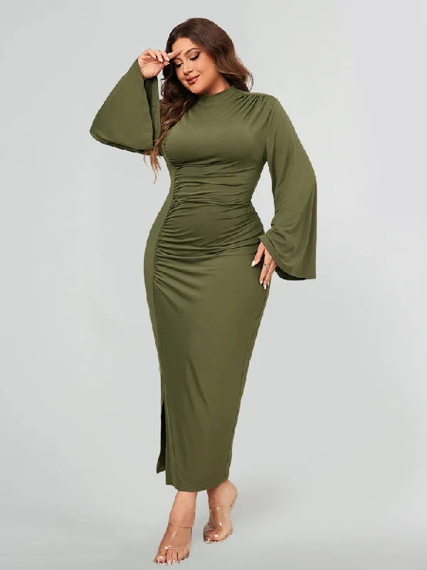 Cheap Women's Clothing Online Solid Color Ruched Split Bodycon Dress