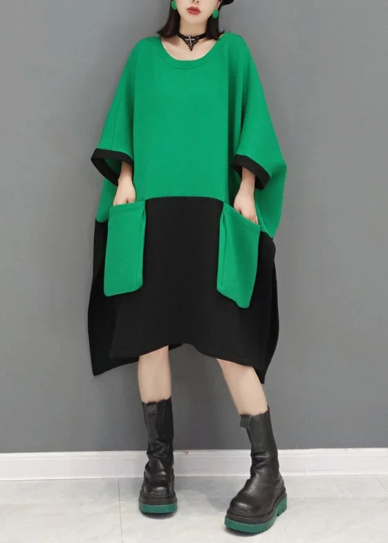 Hot Deals Casual Green O Neck Pockets Patchwork Cotton Mid Dresses Fall