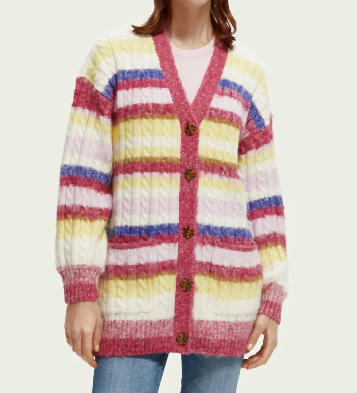 Online Clothing Boutiques Brushed Mixed Stripe Mid Length Cardigan In Cherry Pie