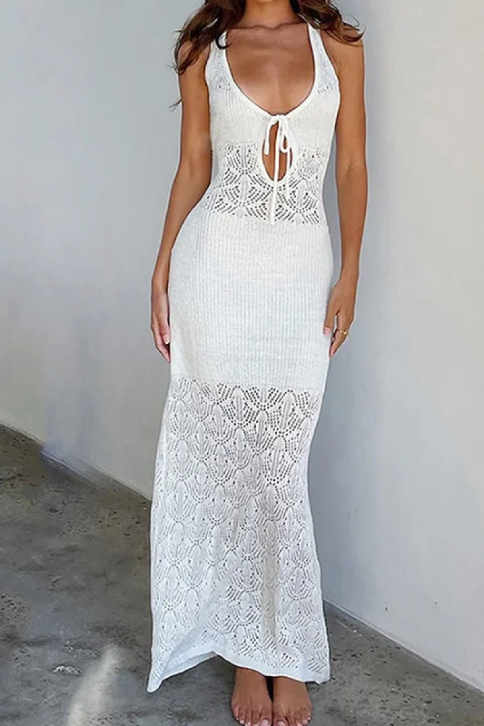 Trendy Boutiques Online White Tie-back Crochet Hollow Out Tank Dress