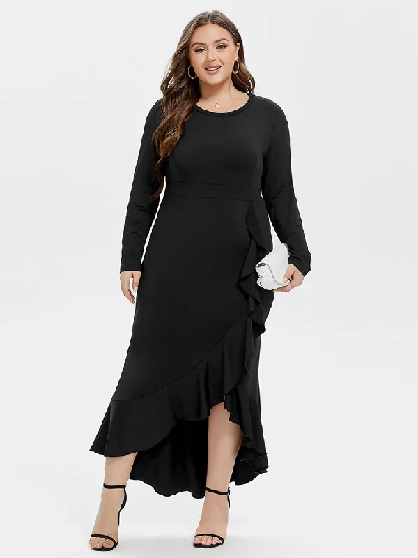 Eclectic Style Wardrobe Ruffle Trim Asymmetrical Hem Maxi Dress